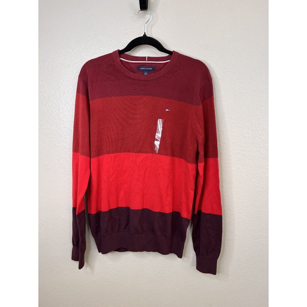 Tommy Hilfiger Mens Striped Crewneck Sweater Large New Red Maroon Long Sleeve